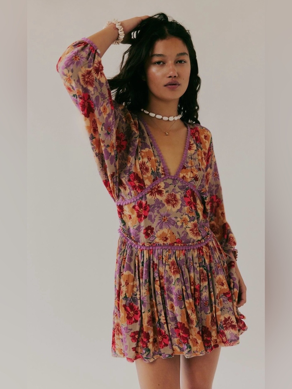 Free People Sweet Dreams Printed Mini Dress taupe Combo NWT
